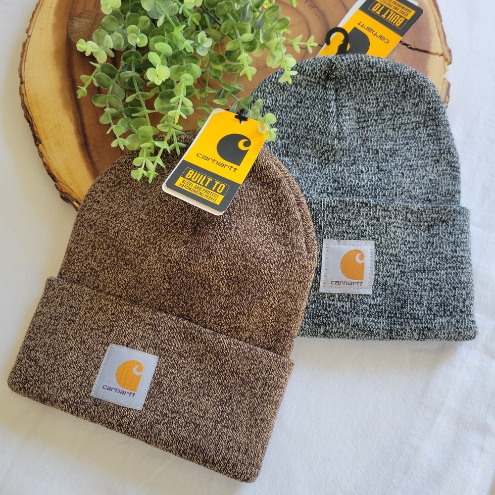 2Pc Carhartt Beanies Acrylic Knit Hat Dark Brown/Sandstone, Black & White Bundle